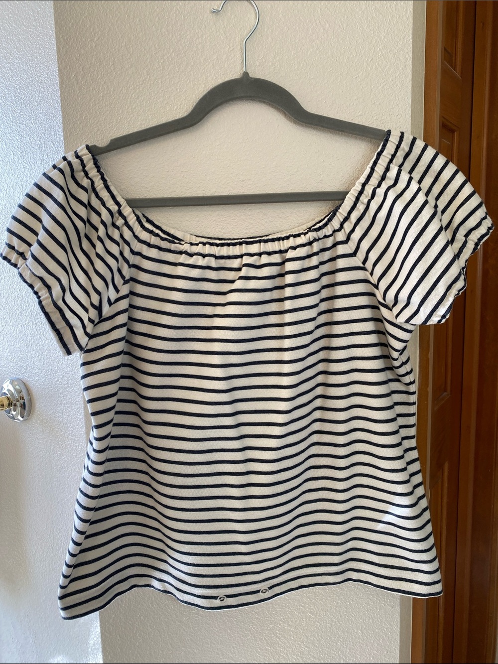 Madewell Striped Off-Shoulder Top in White & Navy